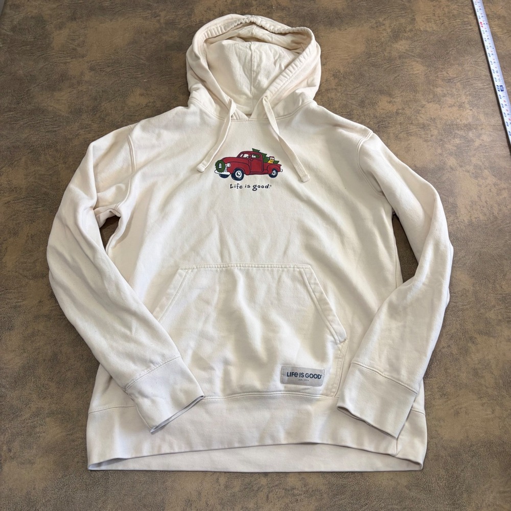 Life is Good Hoodie Mens Medium Putty Cream Red Truck Christmas Tree Dog Graphic